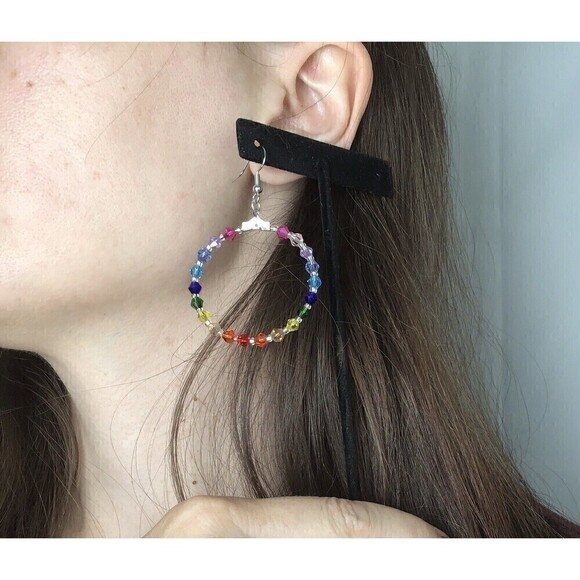 Handmade Rainbow Beaded Hoop Earrings 1.5” Pride Love Remembrance Promise - Picture 7 of 7